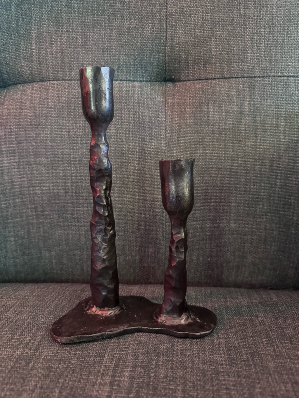 Vintage brutalist handmade metal double candle holder